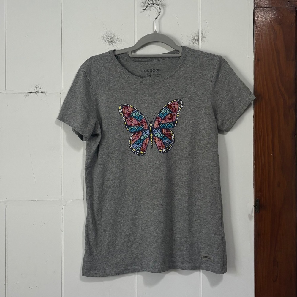 Life Is Good Womens Crusher Tee Heather Grey Butterfly Graphic T-Shirt Size M